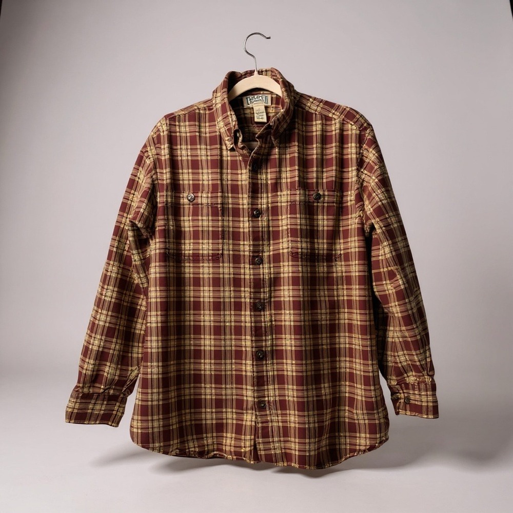 Duluth Trading Plaid Flannel Button‎ Down Shirt Men's Size L Burgundy Tan